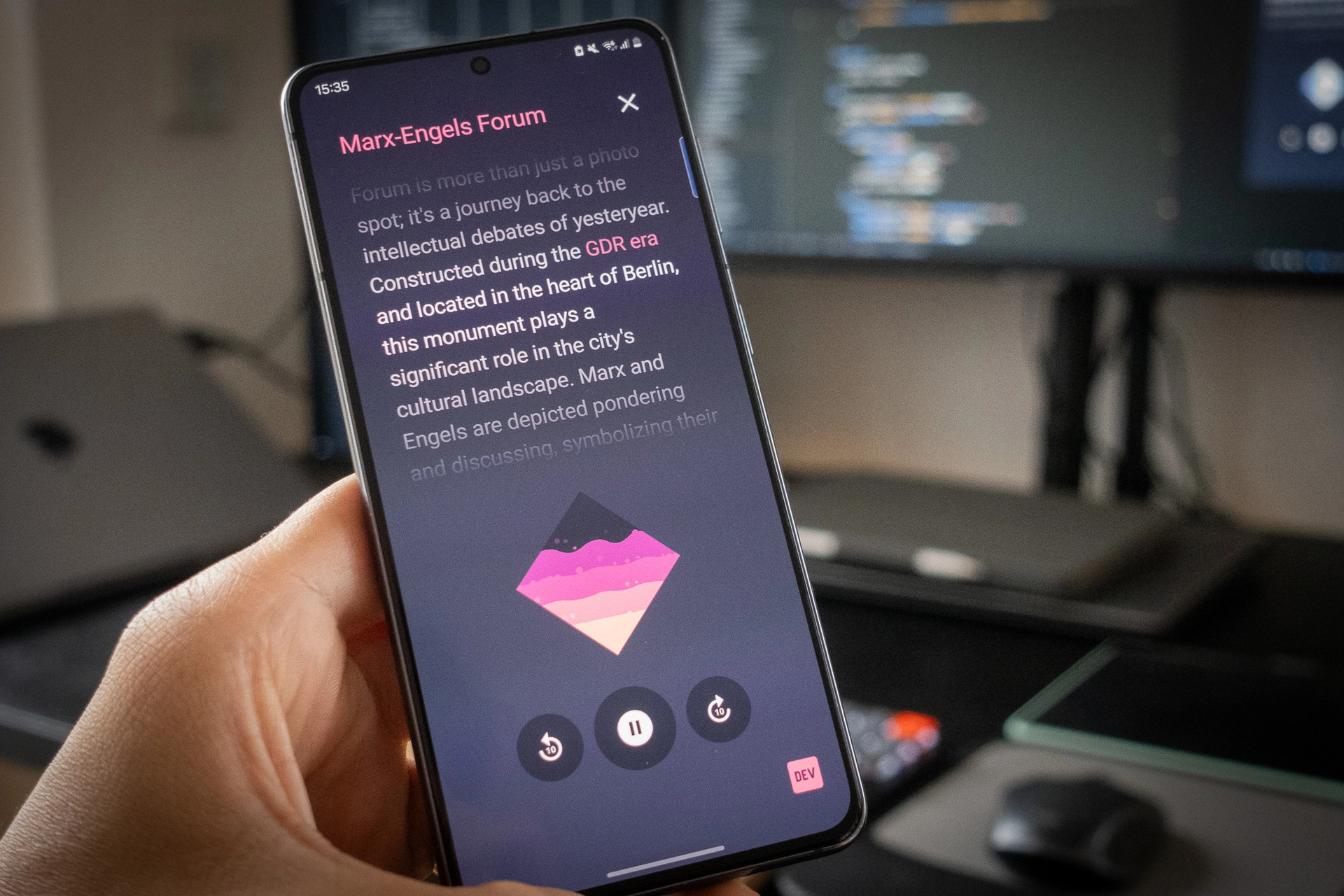 The mobile app showing a generated audio guide with playback controls. This is the product path the backend has to support. Audio guide mobile app showing generated narration for a landmark