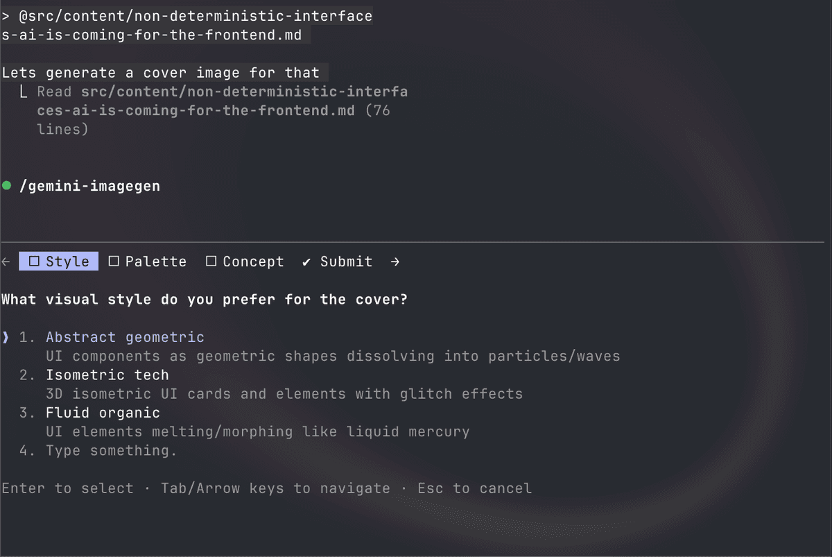Claude Code's AskUserQuestion tool generating a wizard UI for image creation