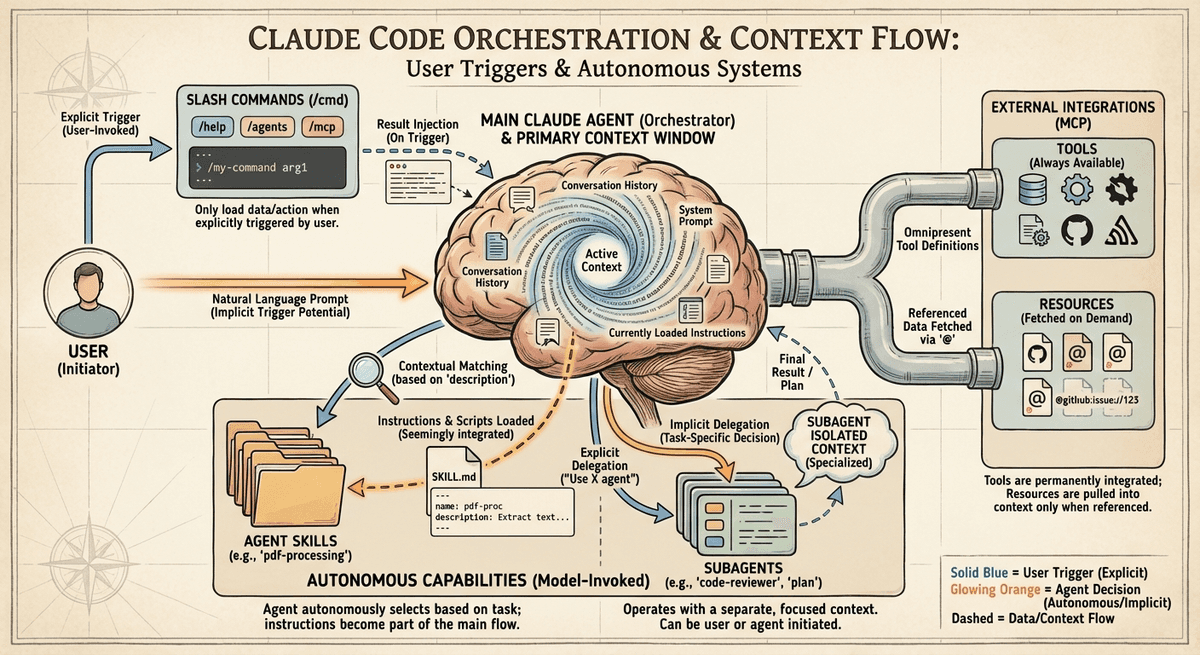 Claude Code orchestration and context flow diagram